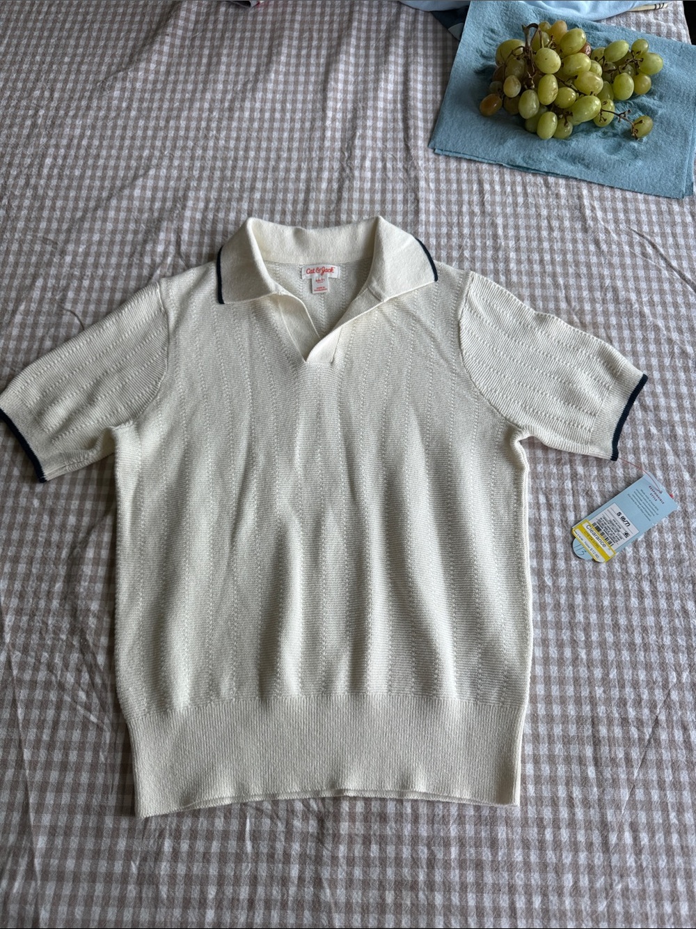 Cat & Jack Cream Knit Polo Top with Black Trim